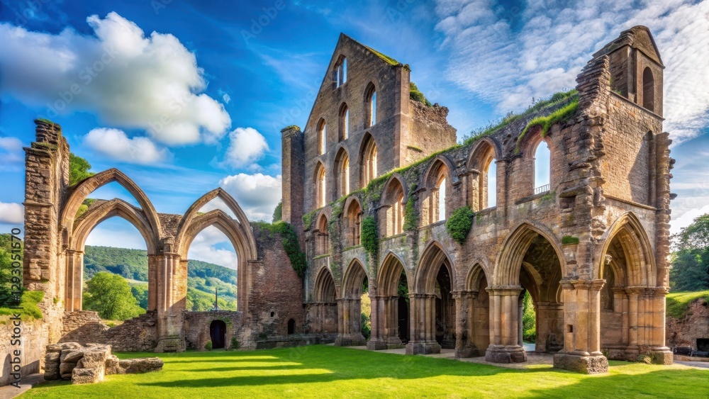 Partial view of Abbey of Beauport ruins on sunny day with blue sky Partial view of Abbey of Beauport ruins on sunny day with blue sky