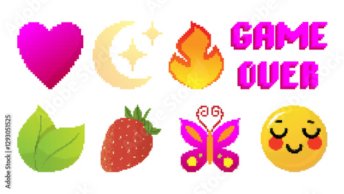 Set of eight vector illustrations in cartoon style. Pixel art icons for messengers and social networks. Retro emoji.
