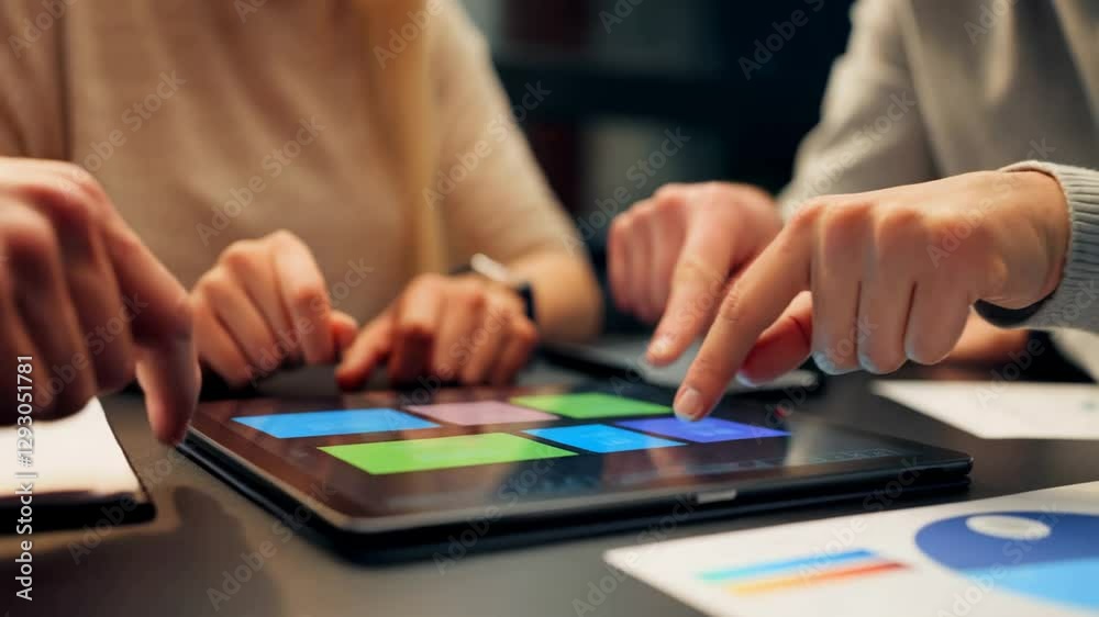 A group of people collaborates using a digital tablet, interacting with colorful touch-screen apps. The scene highlights teamwork, modern technology, and innovative digital solutions. A group of people collaborates using a digital tablet, interacting with colorful touch-screen apps. The scene highlights teamwork, modern technology, and innovative digital solutions.