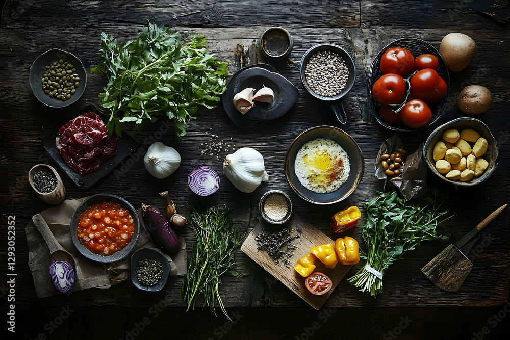 A vibrant assortment of fresh ingredients on rustic wooden table ready for cooking A vibrant assortment of fresh ingredients on rustic wooden table ready for cooking