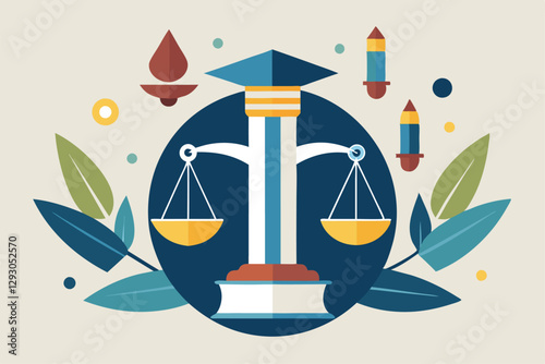 A vibrant, minimalist representation of balanced scales surrounded by colorful elements, symbolizing knowledge, Generate a minimalist design symbolizing knowledge and support in the legal field