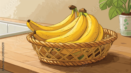 Banana Illustration vector design, Bananas in wicker basket on table in kitchen vector design