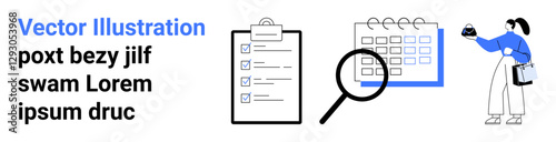 Checklist clipboard, magnifying glass over a calendar grid, and businesswoman with documents. Ideal for productivity, organization, scheduling, goal setting, planning, task prioritization flat