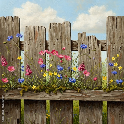 rustic painting of an old wooden fence overgrown with colorful wildflowers.