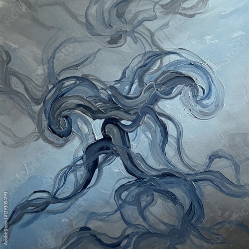 An abstract painting of swirling smoke patterns in shades of grey and blue.