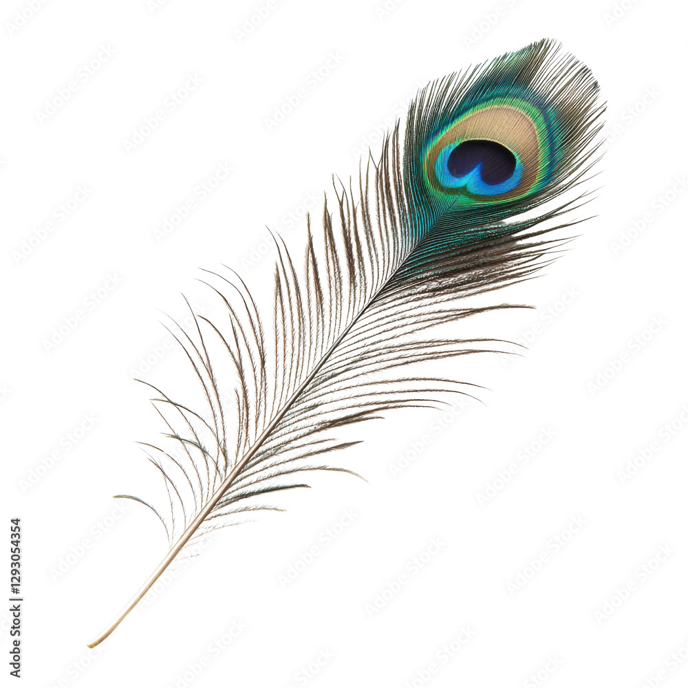 Fototapeta premium Single peacock feather closeup on Transparent background with studio lighting emphasizing texture and colors