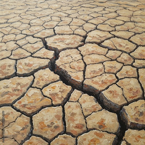 detailed painting of a cracked desert floor with intricate textures and shadows.