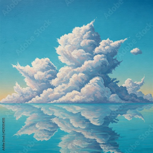 surreal painting of clouds shaped like mountains floating above a calm ocean.