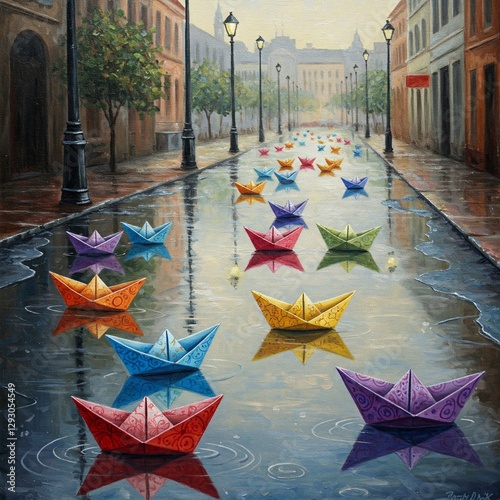 vibrant painting of colorful paper boats floating on a rain-soaked street.