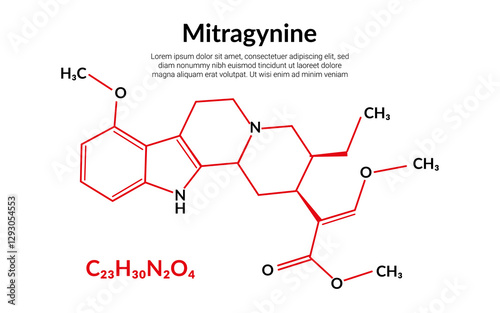 Mitragynine herbal alkaloid molecular structure formula, suitable for education or chemistry science content. Vector illustration