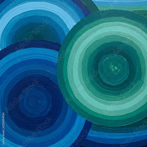 An abstract painting featuring concentric circles in varying shades of blue and green.