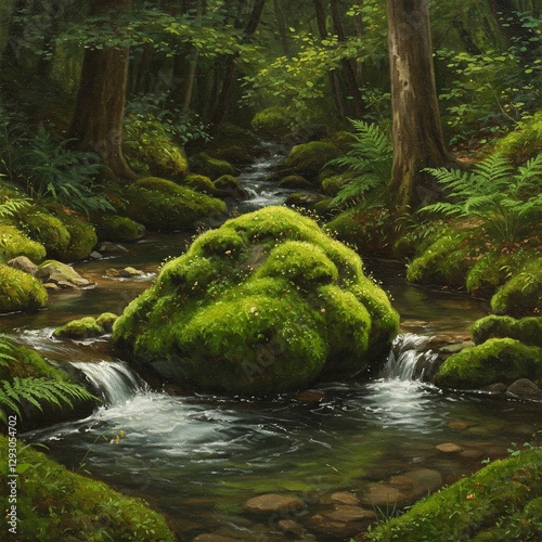 detailed painting of a moss-covered rock in the middle of a tranquil forest stream.