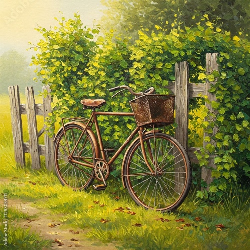 rustic painting of an old bicycle leaning against a fence covered in vines.