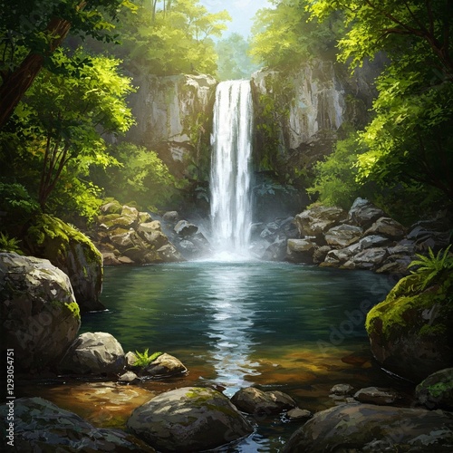 painting of a majestic waterfall cascading into a rocky pool surrounded by greenery.