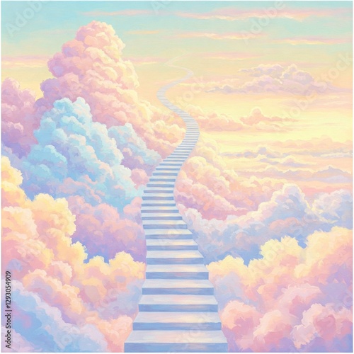 surreal painting of a staircase leading into a cloud-filled sky with pastel colors.