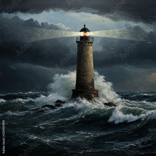 moody painting of a lighthouse standing tall against crashing waves during a storm.