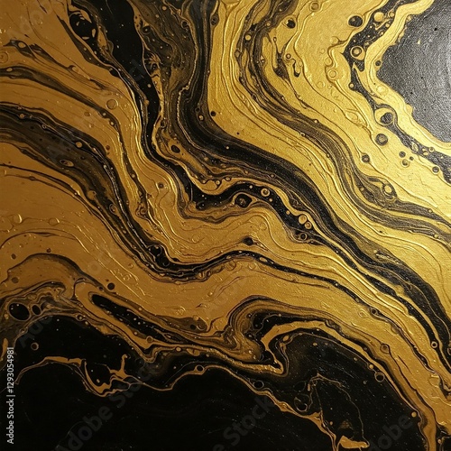 An abstract painting using swirling gold and black paint with marbled textures.