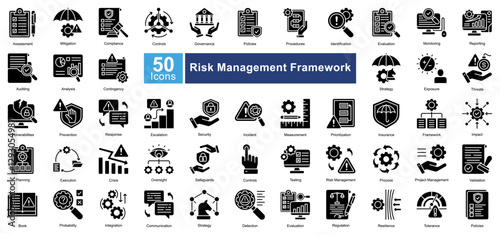 Risk Management Framework icon set in Glyph style, featuring 50 icons of assessment, compliance, security, and governance. Ideal for corporate risk analysis, auditing, and policy enforcement.
