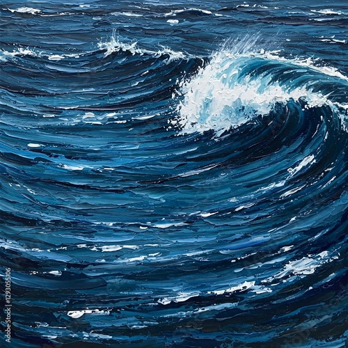 bold painting of abstract waves with layered brush strokes and vivid blues and whites.