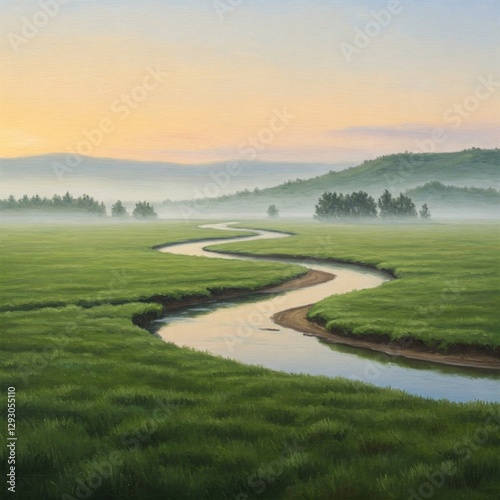 serene painting of a winding river cutting through a vast, grassy plain at dawn.