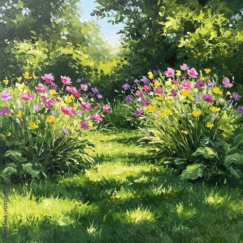 An impressionist painting of a garden in full bloom with bright flowers and lush greenery.