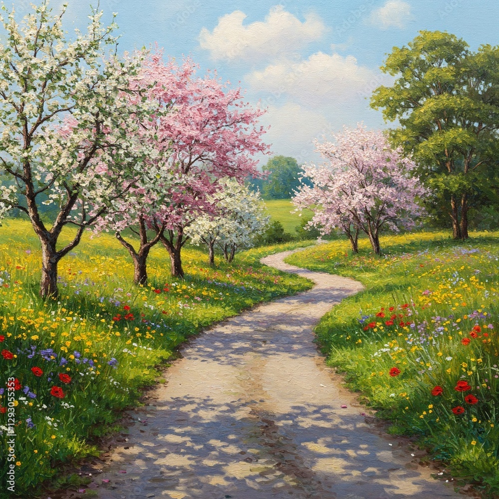 Naklejka premium An oil painting of a peaceful countryside road lined with blooming trees and colorful wildflowers.