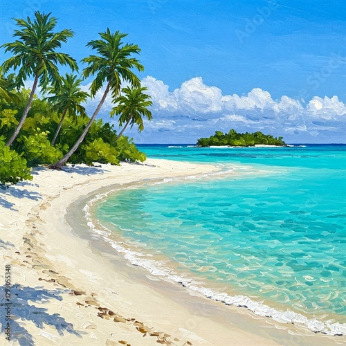 vibrant painting of a tropical beach with turquoise waters, white sand, and lush palm trees.