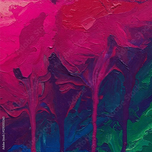 An abstract painting of colorful paint drips blending into each other on a textured canvas.