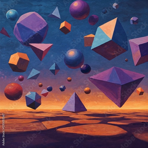 surreal painting of floating geometric shapes casting soft shadows on a textured surface.
