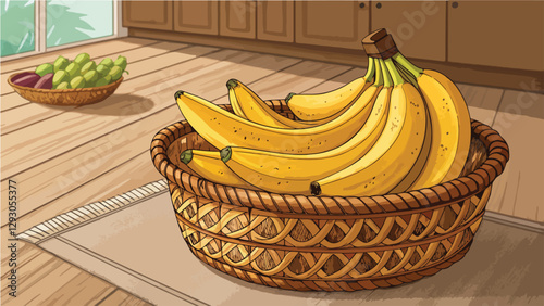 Bananas in wicker basket on table in kitchen vector design, Banana Illustration vector design