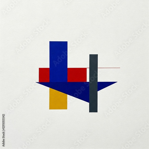 minimalist painting featuring geometric shapes with bold colors and sharp edges on a clean white background.