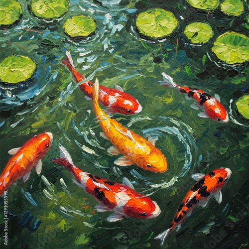 vibrant painting of colorful koi fish swimming in a pond with rippling water and floating lily pads.