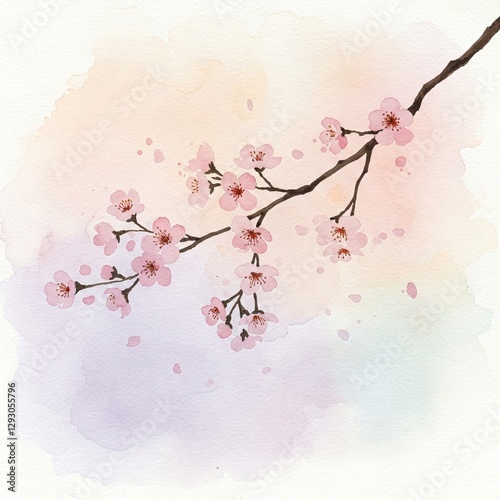 delicate painting of a blooming cherry blossom branch against a soft watercolor background.