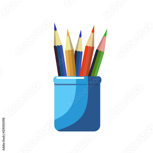 Brushes, pencils and pens in the holder. Vector illustration