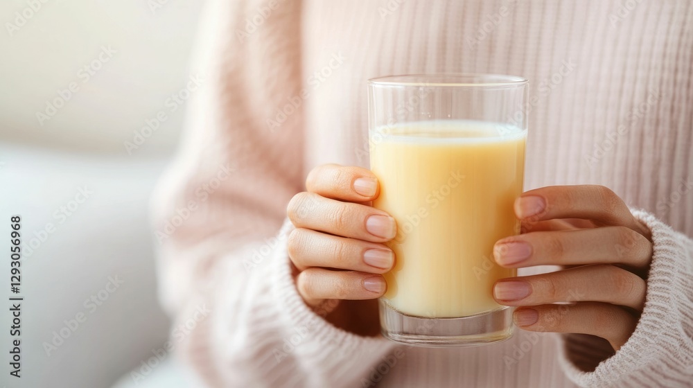 Woman adding a touch of honey to her glass of milk a wholesome twist for better sleep in a serene and cozy bedroom environment Woman adding a touch of honey to her glass of milk a wholesome twist for better sleep in a serene and cozy bedroom environment