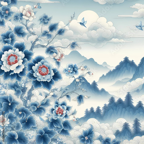 Chinese Painted Blue Porcelain Wallpaper Background Abstract photo