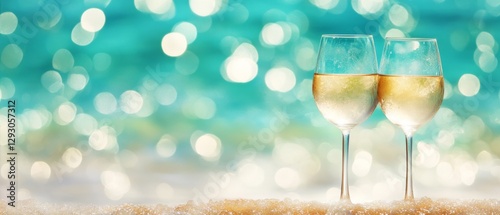 Two wine glasses are on a beach with the ocean in the background