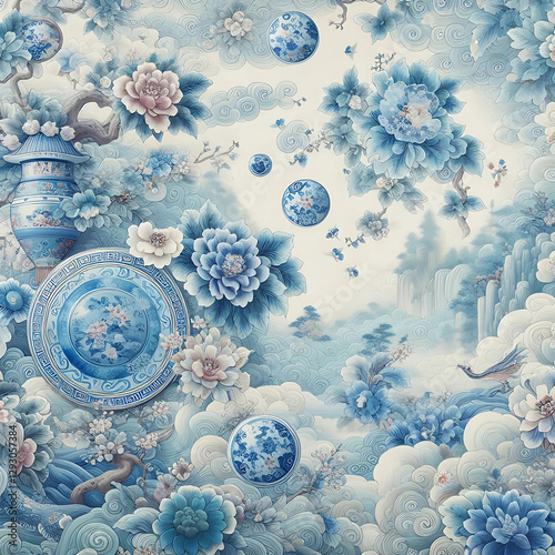Chinese Painted Blue Porcelain Wallpaper Background Abstract