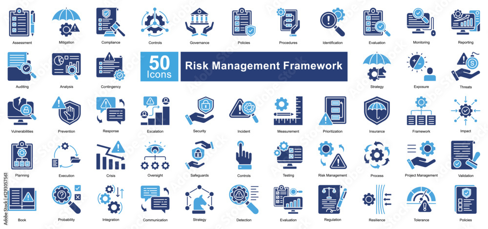 Risk Management Framework icon set in Two Color style, featuring 50 icons of assessment, compliance, security, and governance. Ideal for corporate risk analysis, auditing, and policy enforcement.
