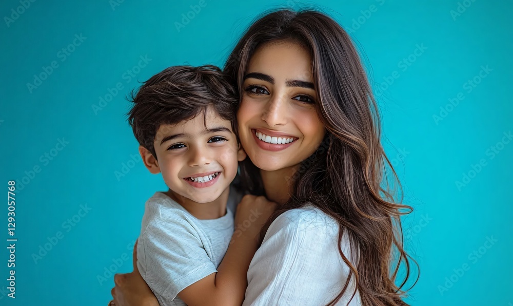 A heartwarming scene of a mother and son embracing joyfully, perfect for Mother's Day promotions, family events, or children's brands. A heartwarming scene of a mother and son embracing joyfully, perfect for Mother's Day promotions, family events, or children's brands.