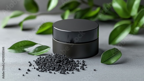 Dark cosmetic jar with black beads on gray surface, natural leaves background photo