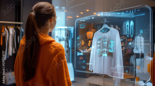 woman in orange sweater interacts with digital display showcasing clothing options in modern retail environment