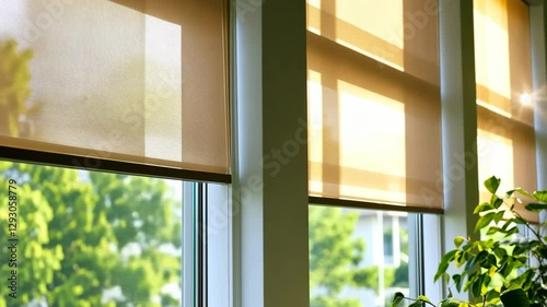 Motorized striped blinds beige color closeup in the window opening. Automatic home roller shades and curtains. Modern bottom up privacy shades half raised on apartment windows. Windowsill with plants