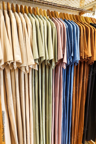 Plain T shirts hanging neatly in the cupboard