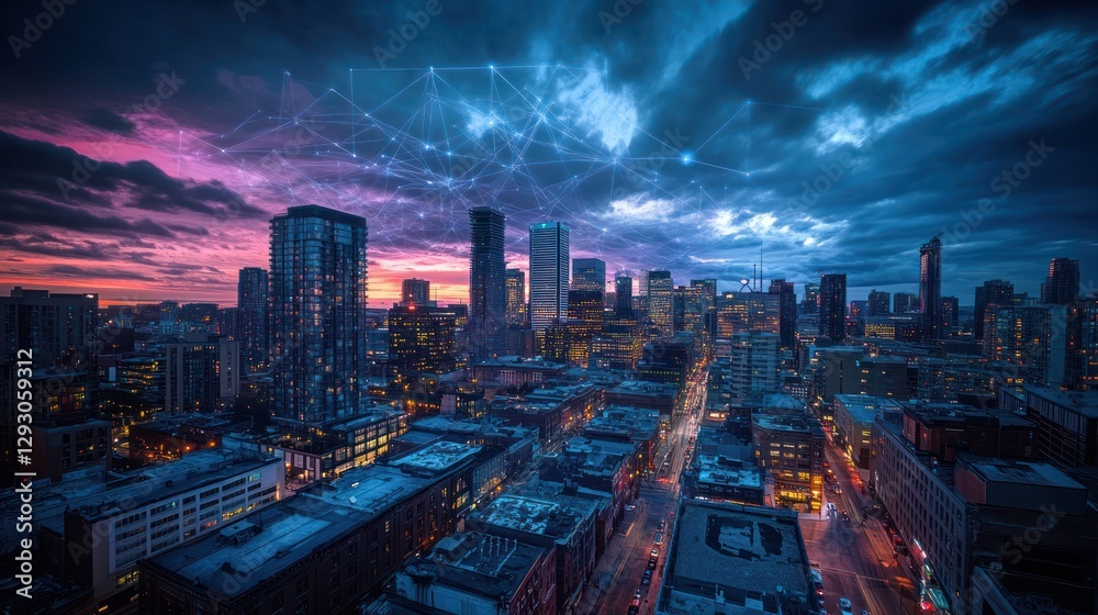 Fototapeta premium Aerial cityscape at dusk with digital network overlay.