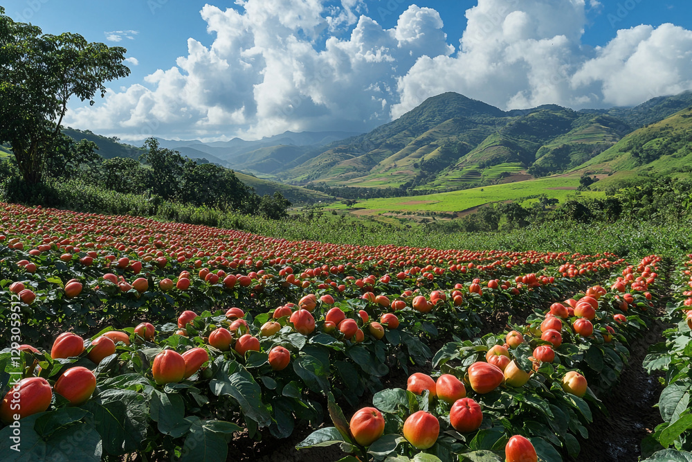Fototapeta premium Crimson Harvest, A vibrant tomato field nestled within verdant mountainscapes