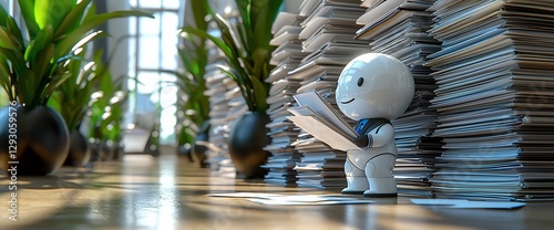 Robot reviewing documents near plants in office.
