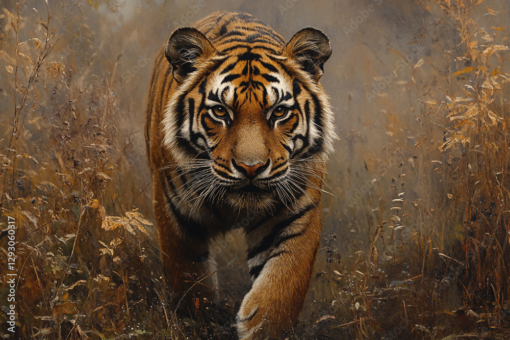 Fototapeta premium Intense Gaze, A Tiger's Focused Stride Through the Whispering Grass