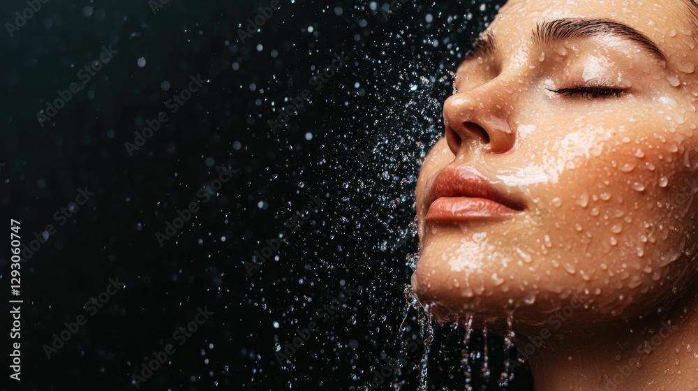 Obraz premium Close up of a woman splashing refreshing water onto her glowing radiant skin at a sleek modern bathroom sink Glistening water droplets cling to her face creating a serene