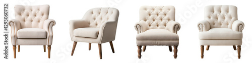 Classic and elegant tufted armchairs and sofas in a luxurious and cozy home interior design setting  The furniture features plush upholstery in velvet or leather photo